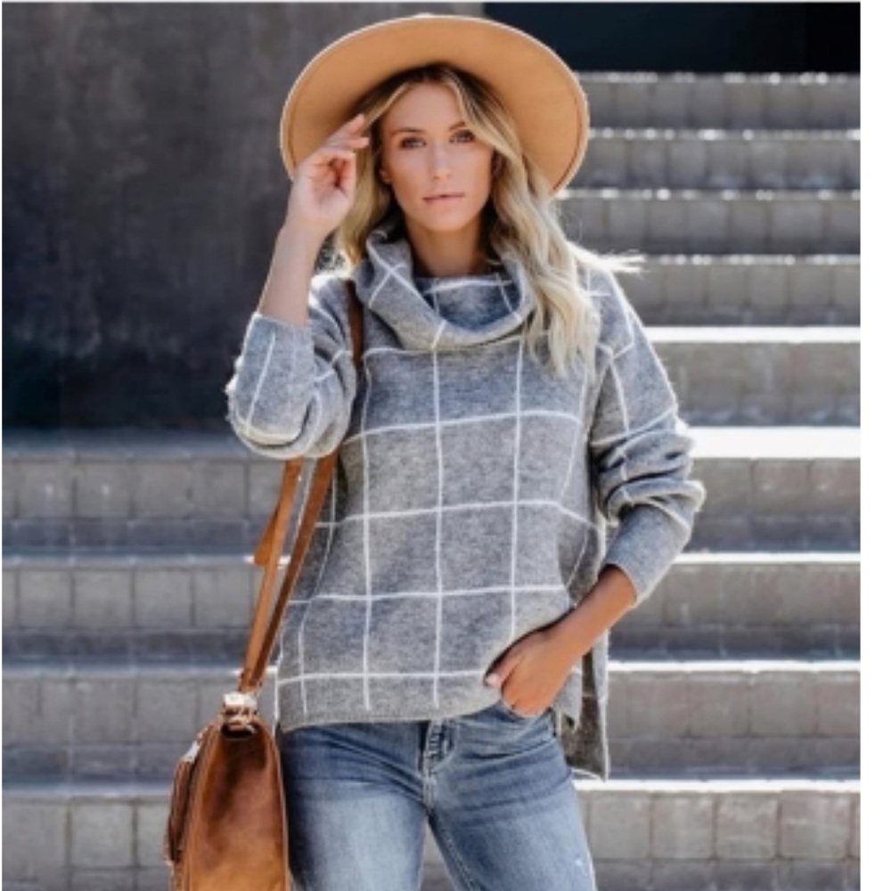 Cozy Gray Windowpane Cowl Neck
Sweater Soft Knit - Picture 2 of 14